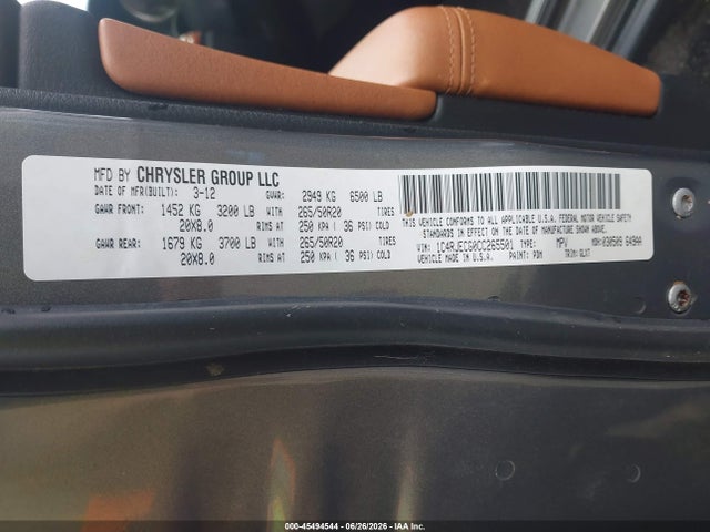 45494544 :رقم المزاد ، 1C4RJECG0CC265501 vin ، 2012 Jeep Grand Cherokee Overland مزاد بيع