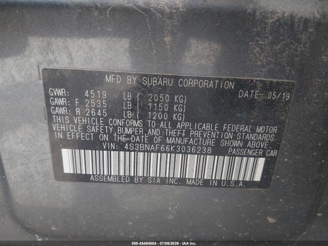 Продаж на аукціоні авто 2019 Subaru Legacy 2.5i Premium, vin: 4S3BNAF66K3036238, номер лоту: 45494554
