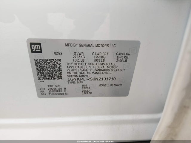 45494558 :رقم المزاد ، 1GYKPDRS8NZ131710 vin ، 2022 Cadillac Xt6 Awd Premium Luxury مزاد بيع