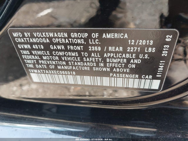 Продаж на аукціоні авто 2014 Volkswagen Passat 1.8t Wolfsburg Edition, vin: 1VWAT7A3XEC060318, номер лоту: 45494562