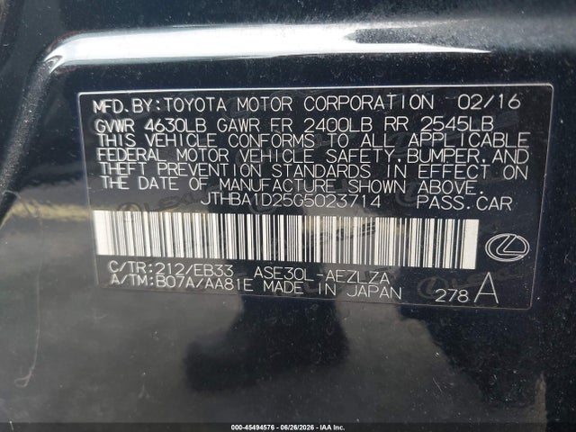 Aukcja sprzedaży 2016 Lexus Is 200t, vin: JTHBA1D25G5023714, numer aukcji: 45494576