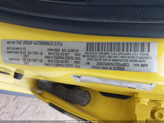 2014 Fiat 500l Trekking მანქანა იყიდება აუქციონზე, vin: ZFBCFADH5EZ004603, აუქციონის ნომერი: 45494593