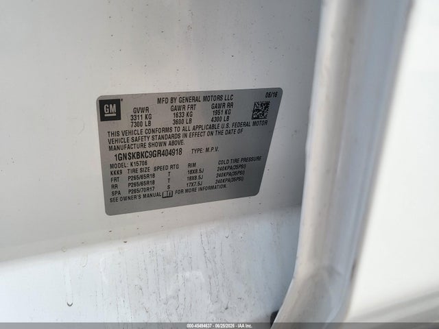 Продаж на аукціоні авто 2016 Chevrolet Tahoe Lt, vin: 1GNSKBKC9GR404918, номер лоту: 45494637