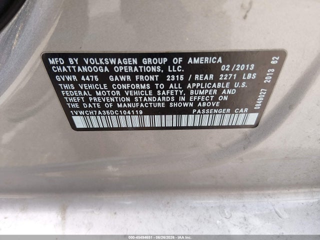 Aukcja sprzedaży 2013 Volkswagen Passat 2.5l Sel, vin: 1VWCH7A35DC104119, numer aukcji: 45494651