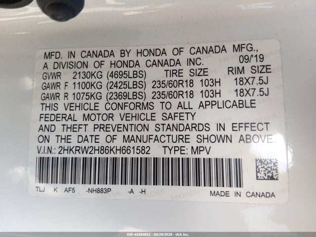 Honda Cr-v Ex-l 2019 2HKRW2H86KH661582 Image 9