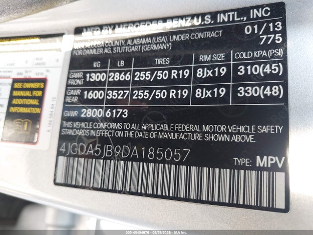 45494676 :رقم المزاد ، 4JGDA5JB9DA185057 vin ، 2013 Mercedes-benz Ml 350 مزاد بيع