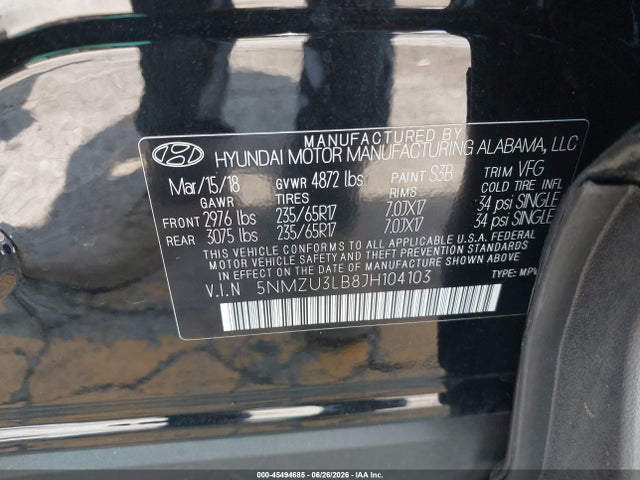 45494685 :رقم المزاد ، 5NMZU3LB8JH104103 vin ، 2018 Hyundai Santa Fe Sport 2.4l مزاد بيع