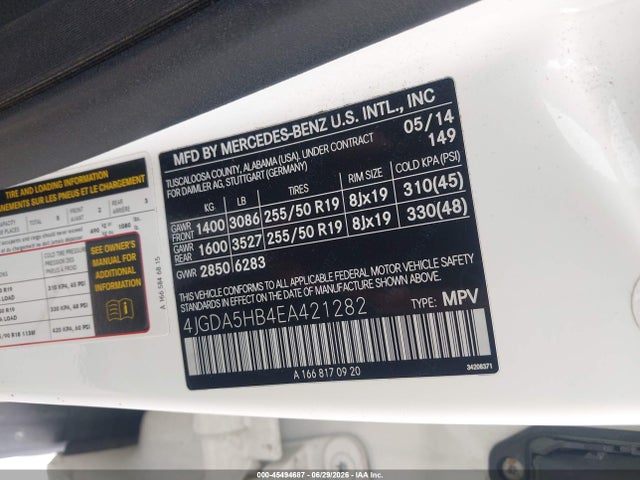 45494687 :رقم المزاد ، 4JGDA5HB4EA421282 vin ، 2014 Mercedes-benz Ml 350 4matic مزاد بيع