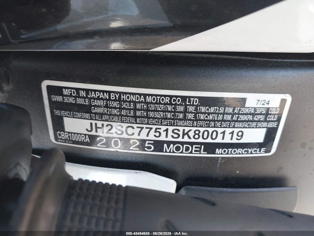 2025 Honda Cbr1000 Ra მანქანა იყიდება აუქციონზე, vin: JH2SC7751SK800119, აუქციონის ნომერი: 45494688