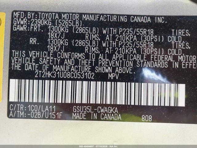 45494697 :رقم المزاد ، 2T2HK31U08C053102 vin ، 2008 Lexus Rx 350 مزاد بيع