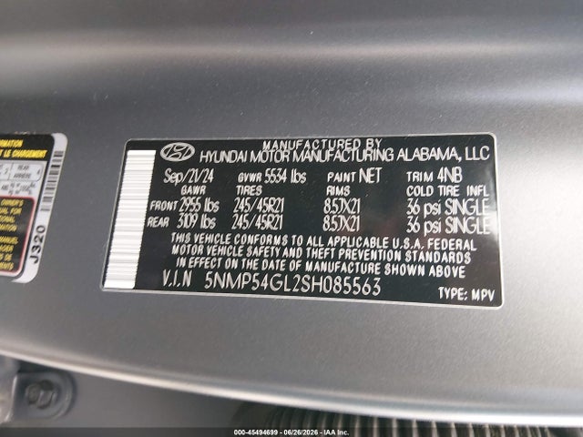 2025 Hyundai Santa Fe Calligraphy მანქანა იყიდება აუქციონზე, vin: 5NMP54GL2SH085563, აუქციონის ნომერი: 45494699
