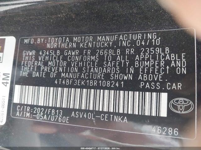 45494717 :رقم المزاد ، 4T4BF3EK1BR108241 vin ، 2011 Toyota Camry Le مزاد بيع