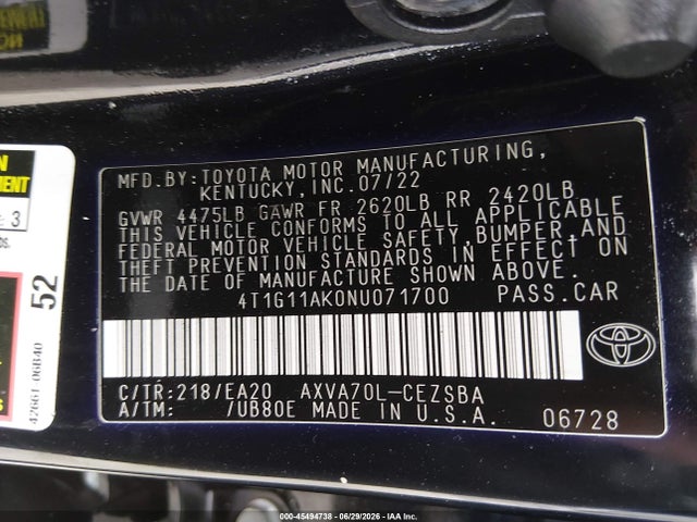 4T1G11AK0NU071700 Toyota CAMRY SE