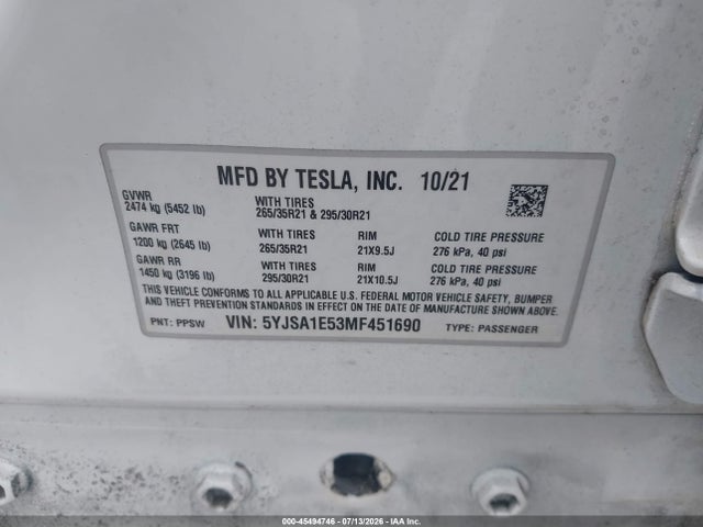 Aukcja sprzedaży 2021 Tesla Model S Long Range Dual Motor All-wheel Drive, vin: 5YJSA1E53MF451690, numer aukcji: 45494746
