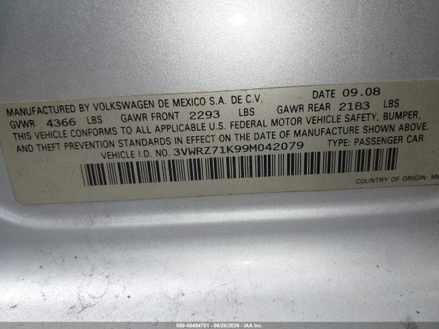 Продажа на аукционе авто 2009 Volkswagen Jetta Se/sel, vin: 3VWRZ71K99M042079, номер лота: 45494751