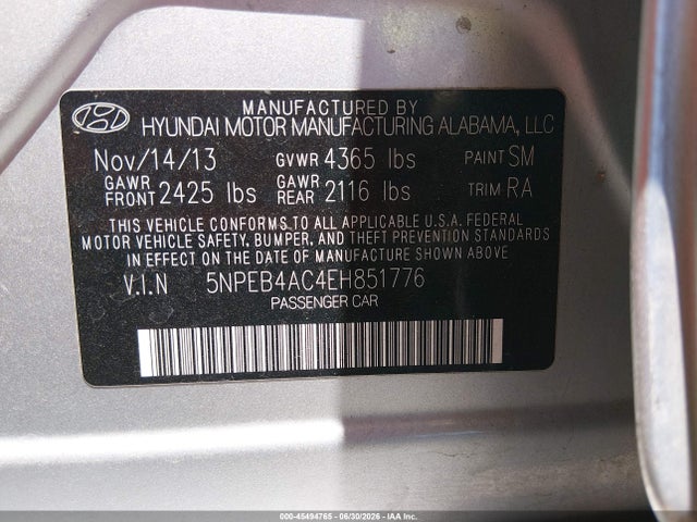 Aukcja sprzedaży 2014 Hyundai Sonata Gls, vin: 5NPEB4AC4EH851776, numer aukcji: 45494765