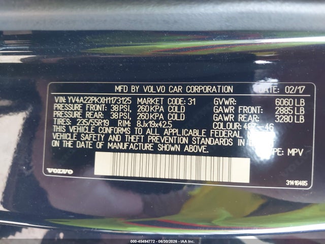 Продажа на аукционе авто 2017 Volvo Xc90 T6 Momentum, vin: YV4A22PKXH1173125, номер лота: 45494772