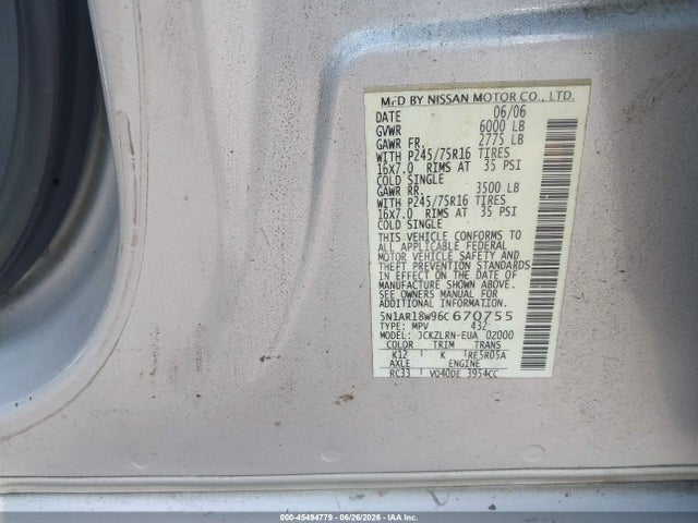 Aukcja sprzedaży 2006 Nissan Pathfinder S, vin: 5N1AR18W96C670755, numer aukcji: 45494779