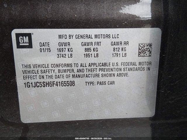 Aukcja sprzedaży 2015 Chevrolet Sonic Lt Auto, vin: 1G1JC5SH6F4165508, numer aukcji: 45494780