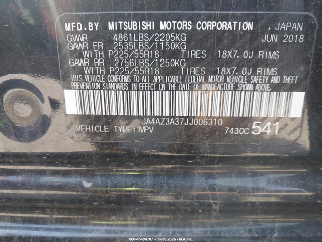 2018 Mitsubishi Outlander Es/le/se/sel მანქანა იყიდება აუქციონზე, vin: JA4AZ3A37JJ006310, აუქციონის ნომერი: 45494787