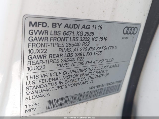 Продажа на аукционе авто 2019 Audi Q8 55 Premium, vin: WA1EVAF18KD017969, номер лота: 45494788
