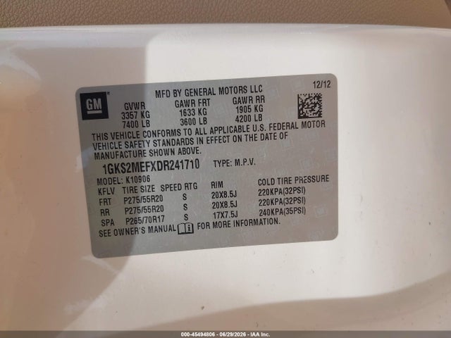 45494806 :رقم المزاد ، 1GKS2MEFXDR241710 vin ، 2013 Gmc Yukon Xl 1500 Denali مزاد بيع