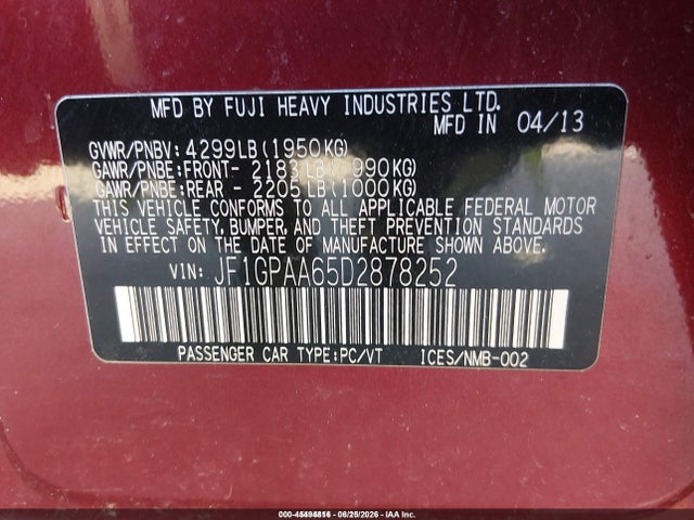 45494816 :رقم المزاد ، JF1GPAA65D2878252 vin ، 2013 Subaru Impreza 2.0i مزاد بيع