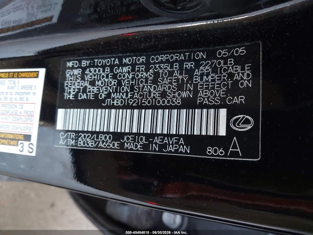 Aukcja sprzedaży 2005 Lexus Is 300, vin: JTHBD192150100038, numer aukcji: 45494818