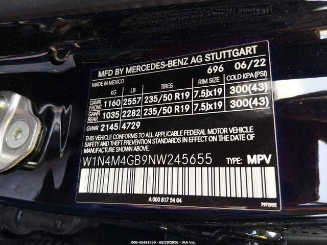 Aukcja sprzedaży 2022 Mercedes-benz Glb 250, vin: W1N4M4GB9NW245655, numer aukcji: 45494869