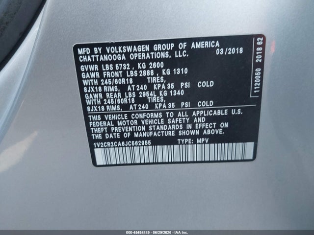2018 Volkswagen Atlas 3.6l V6 Se მანქანა იყიდება აუქციონზე, vin: 1V2CR2CA6JC562955, აუქციონის ნომერი: 45494889
