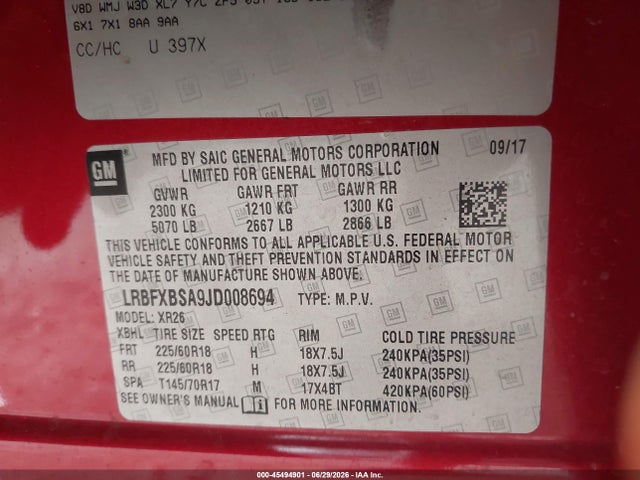Aukcja sprzedaży 2018 Buick Envision Preferred, vin: LRBFXBSA9JD008694, numer aukcji: 45494901