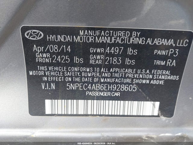 45494924 :رقم المزاد ، 5NPEC4AB6EH928605 vin ، 2014 Hyundai Sonata Se 2.0t مزاد بيع