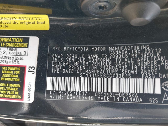 45494938 :رقم المزاد ، 2T1BU4EE6CC793615 vin ، 2012 Toyota Corolla S مزاد بيع