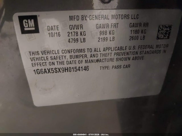 Aukcja sprzedaży 2017 Cadillac Cts Luxury, vin: 1G6AX5SX9H0154146, numer aukcji: 45494941