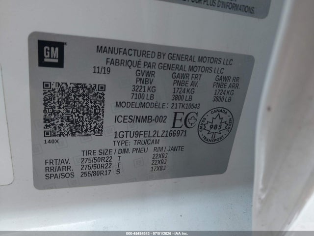 Продаж на аукціоні авто 2020 Gmc Sierra 1500 Denali, vin: 1GTU9FEL2LZ166971, номер лоту: 45494943