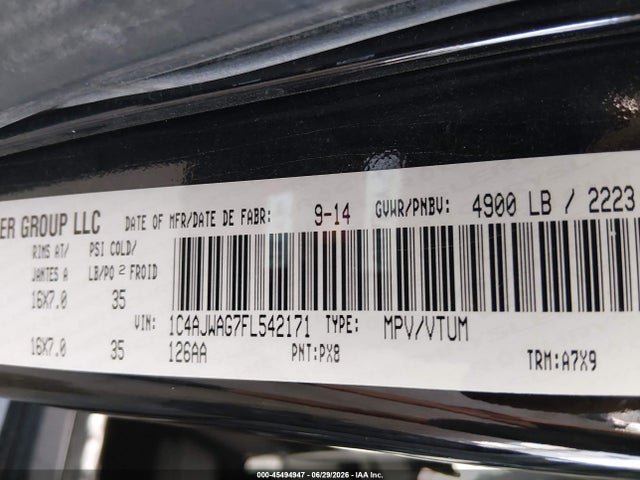 45494947 :رقم المزاد ، 1C4AJWAG7FL542171 vin ، 2015 Jeep Wrangler Sport مزاد بيع