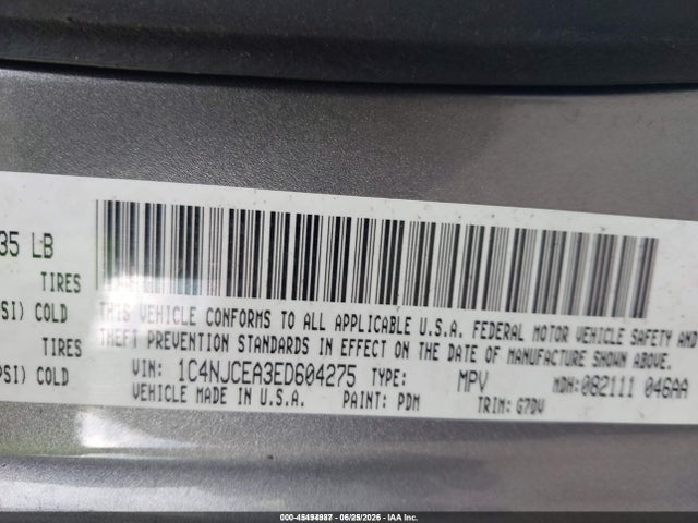 2014 Jeep Compass Latitude მანქანა იყიდება აუქციონზე, vin: 1C4NJCEA3ED604275, აუქციონის ნომერი: 45494987