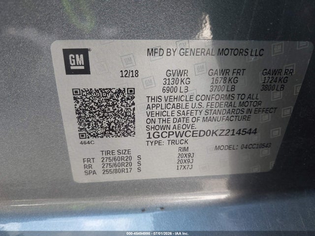 Продажа на аукционе авто 2019 Chevrolet Silverado 1500 Lt, vin: 1GCPWCED0KZ214544, номер лота: 45494998