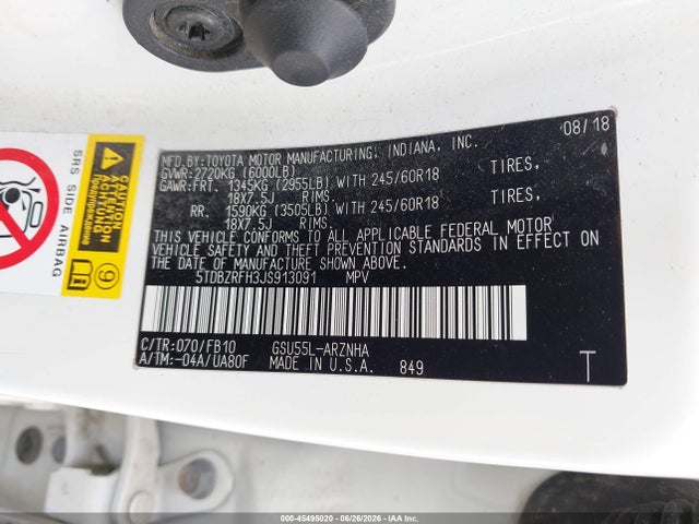45495020 :رقم المزاد ، 5TDBZRFH3JS913091 vin ، 2018 Toyota Highlander Le مزاد بيع