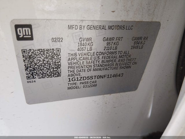 1G1ZD5ST0NF114643 Chevrolet Malibu Fwd Lt