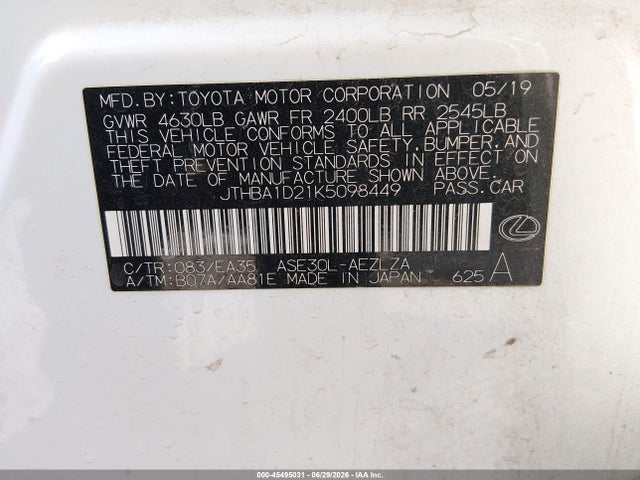 45495031 :رقم المزاد ، JTHBA1D21K5098449 vin ، 2019 Lexus Is 300 مزاد بيع