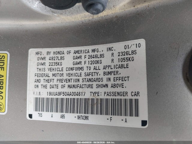 45495039 :رقم المزاد ، 19UUA9F50AA004617 vin ، 2010 Acura Tl 3.7 مزاد بيع