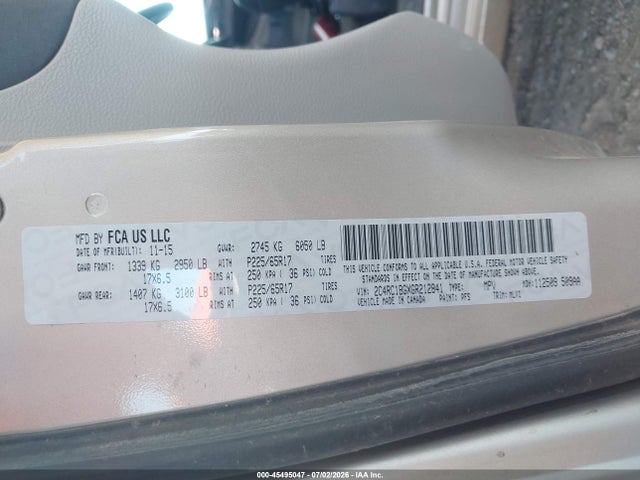 45495047 :رقم المزاد ، 2C4RC1BGXGR212841 vin ، 2016 Chrysler Town & Country Touring مزاد بيع