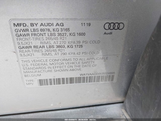 45495070 :رقم المزاد ، WA1VAAGE6KB024895 vin ، 2019 Audi E-tron Premium Plus مزاد بيع