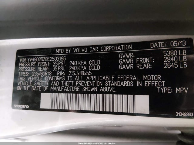 Aukcja sprzedaży 2014 Volvo Xc60 3.0l Premier Plus, vin: YV4902DZ8E2503196, numer aukcji: 45495089