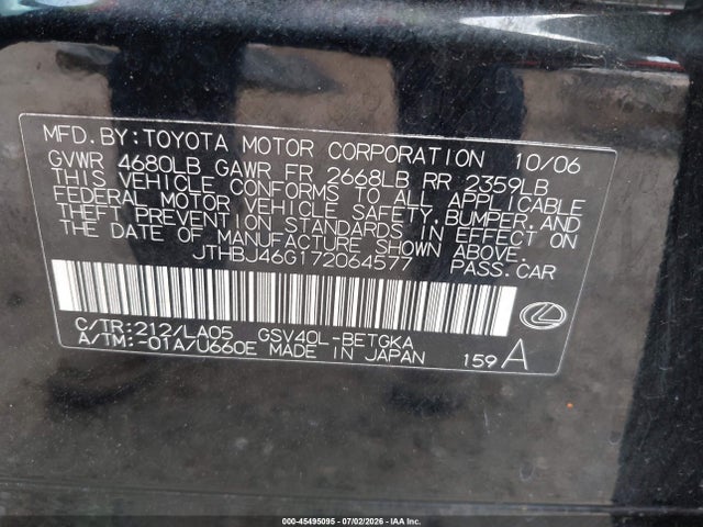 Продаж на аукціоні авто 2007 Lexus Es 350, vin: JTHBJ46G172064577, номер лоту: 45495095