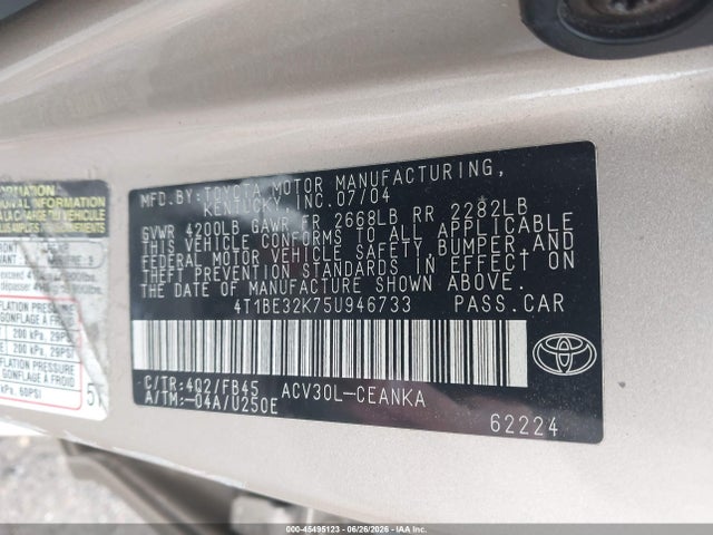 Продажа на аукционе авто 2005 Toyota Camry Std, vin: 4T1BE32K75U946733, номер лота: 45495123