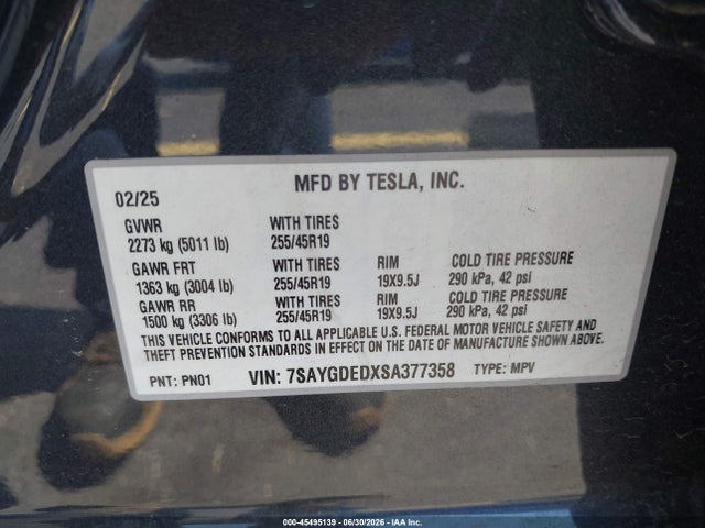 7SAYGDEDXSA377358 Tesla Model Y Long Range Dual Motor Rear-wheel Drive