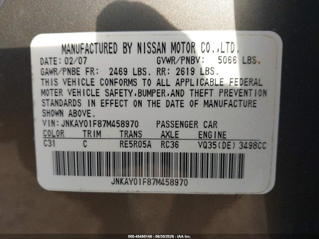 45495146 :رقم المزاد ، JNKAY01F87M458970 vin ، 2007 Infiniti M35x مزاد بيع