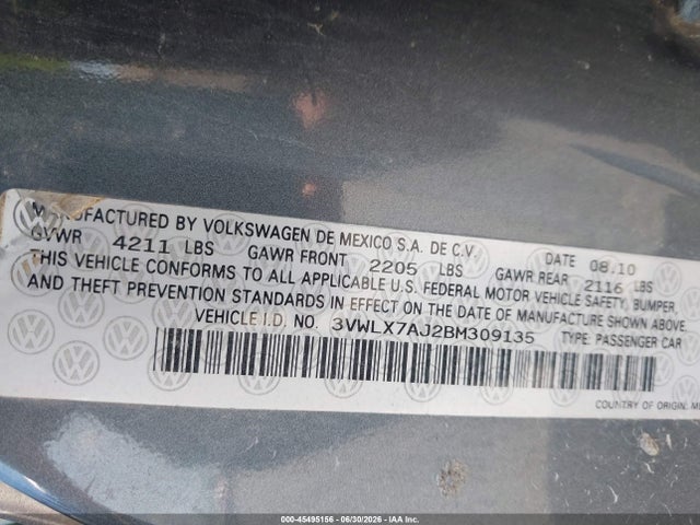 2011 Volkswagen Jetta 2.5l Sel მანქანა იყიდება აუქციონზე, vin: 3VWLX7AJ2BM309135, აუქციონის ნომერი: 45495156